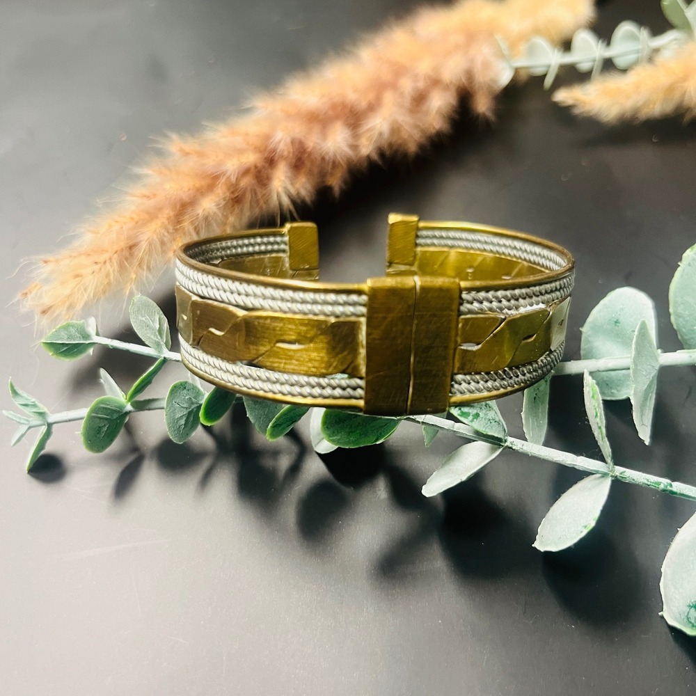 Vintage Brass Cuff Bracelet | Braid Design Patina Accent | Boho Grounding Ritual